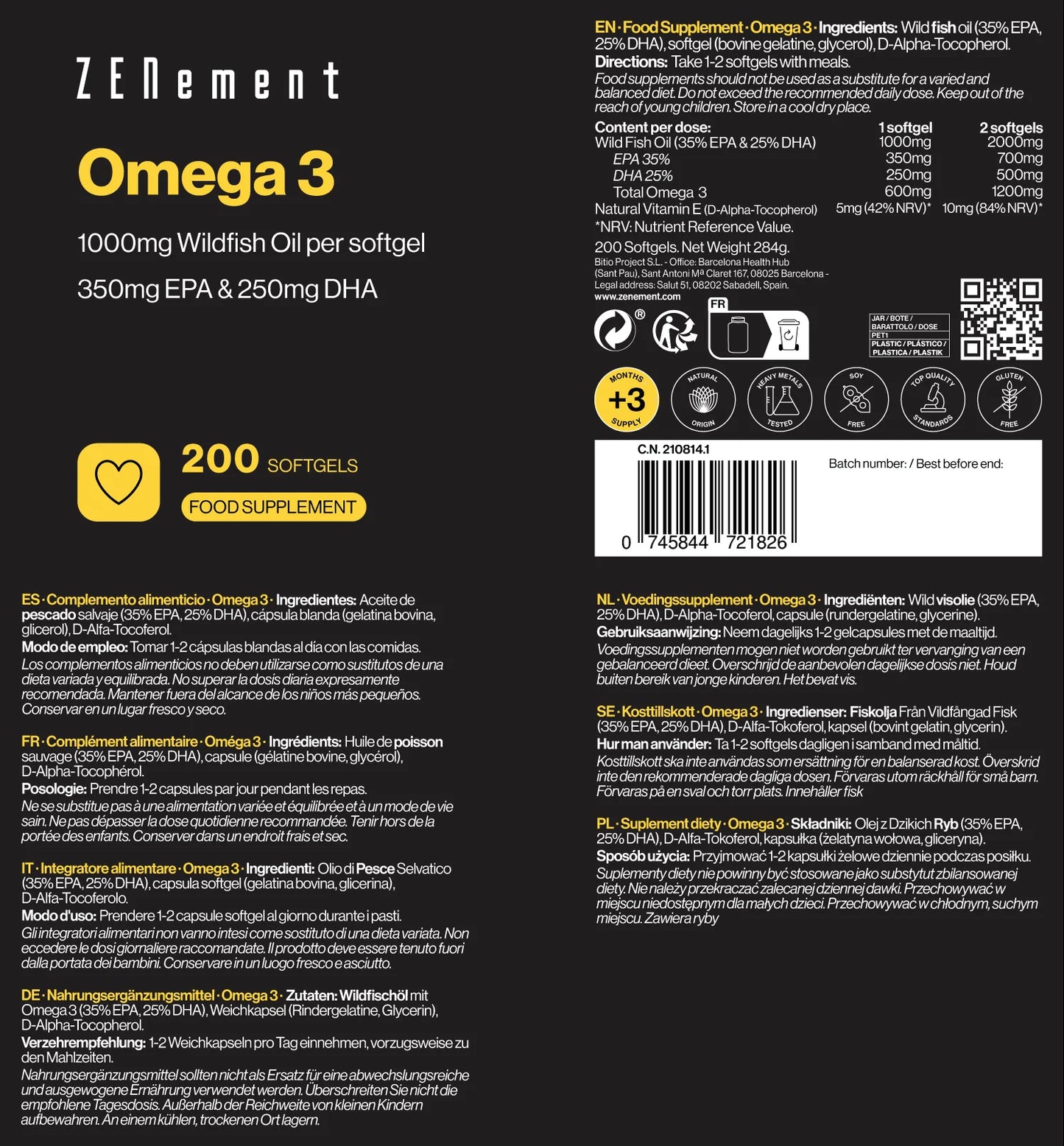 Omega-3 1000mg Wildfish Oil per softgel - 200 Softgels
